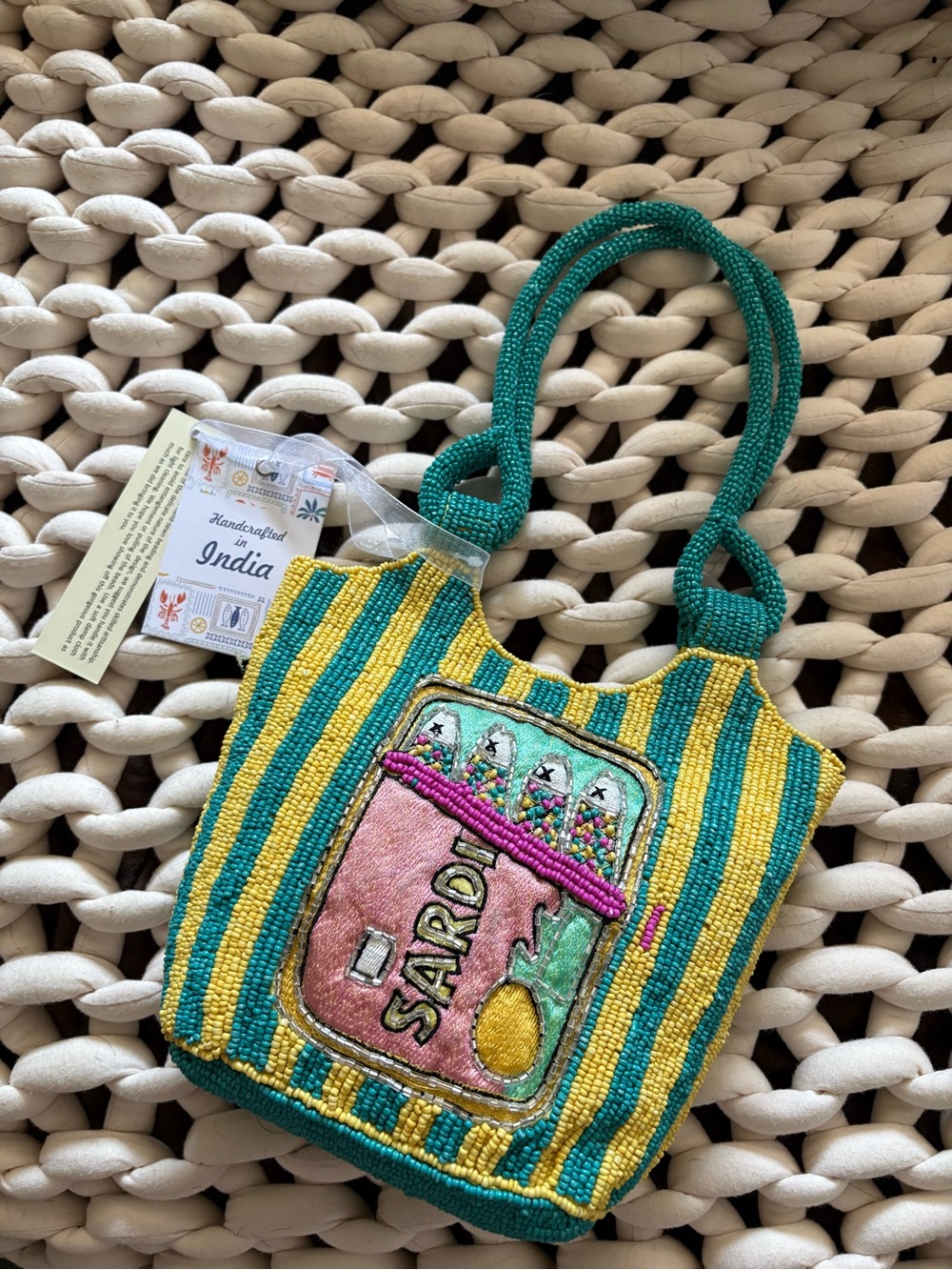 Handcrafted Viral Fish Sardines Beaded Bag Yellow Blue Pink Azure Tote Vacation